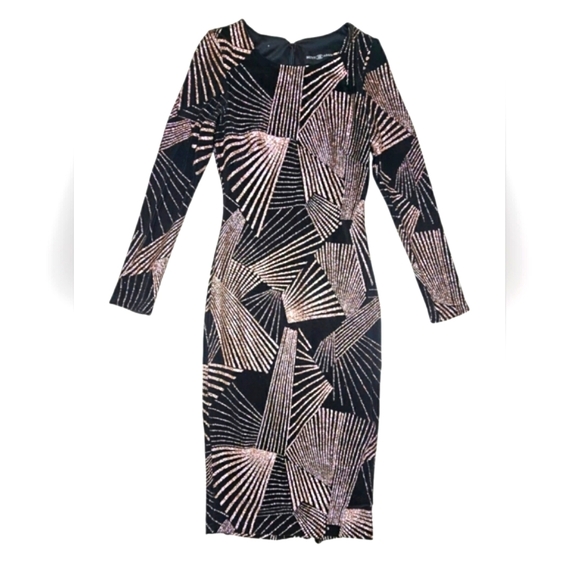 Betsey Adam Black & Gold Sparkly Geometric Glitter Longsleeve Midi Bodycon Dress - Picture 7 of 15